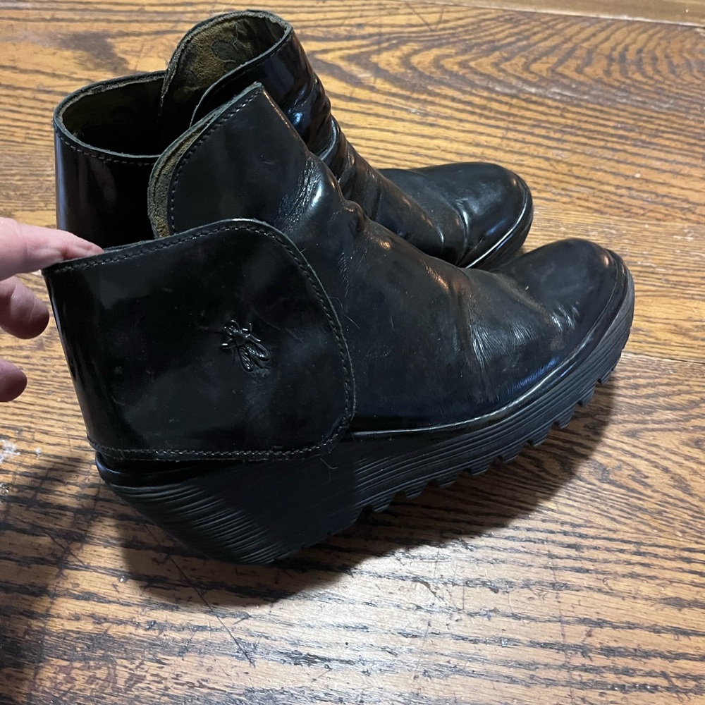 Fly London black leather wedges